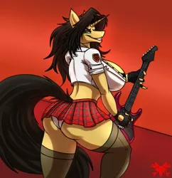 Size: 2900x3000 | Tagged: suggestive, artist:thedrunkcoyote, derpibooru import, oc, oc:amber steel, unofficial characters only, anthro, unicorn, ass, big breasts, bra, breasts, busty oc, butt, clothes, commission, digital art, electric guitar, female, guitar, hair, horn, huge breasts, image, jpeg, looking at you, looking back, looking back at you, musical instrument, panties, rear view, shirt, side view, sideboob, simple background, skirt, smiling at you, socks, solo, solo female, stockings, tail, thigh highs, thighs, underwear, wide hips