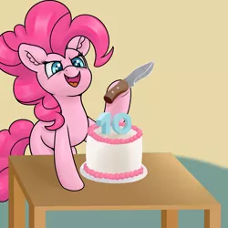 Size: 4000x4000 | Tagged: safe, artist:yelowcrom, derpibooru import, pinkie pie, earth pony, pony, cake, cute, cute little fangs, evil grin, fangs, female, food, grin, happy birthday mlp:fim, image, knife, mare, mlp fim's tenth anniversary, png, smiling, smirk, table