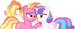 Size: 16192x6229 | Tagged: safe, artist:ejlightning007arts, derpibooru import, luster dawn, princess flurry heart, alicorn, pony, unicorn, the last problem, cute, duo, duo female, female, flurrydawn, hooves on cheeks, image, lesbian, looking at each other, older, older flurry heart, png, ponytail, shipping, simple background, teeth, transparent background, vector