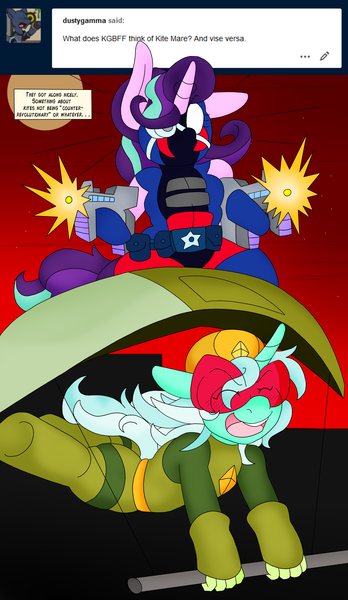 Size: 1813x3125 | Tagged: safe, artist:blackbewhite2k7, derpibooru import, lyra heartstrings, starlight glimmer, pony, ask, batman, clothes, costume, crossover, gliding, gun, image, kgbeast, kite-man, machine gun, parody, png, starlight likes kites, weapon