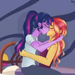 Size: 1080x1074 | Tagged: safe, artist:_denart, derpibooru import, sci-twi, sunset shimmer, twilight sparkle, equestria girls, blushing, clothes, duo, duo female, eyes closed, female, glasses, hug, image, kissing, lesbian, png, scitwishimmer, shipping, signature, sunsetsparkle