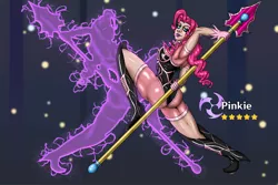 Size: 1280x854 | Tagged: suggestive, artist:korencz11, derpibooru import, pinkie pie, human, boots, breasts, clothes, corset, genshin impact, high heel boots, humanized, image, jpeg, leotard, lipstick, shoes, socks, spear, thigh boots, thigh highs, vision, weapon