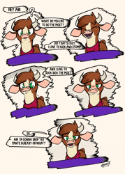 Size: 2250x3150 | Tagged: suggestive, artist:ebvert, derpibooru import, arizona cow, cow, them's fightin' herds, animated, arizonadorable, blushing, community related, cute, eyebrows visible through hair, female, gif, image, implied blowjob, implied human on cow action, implied oral, implied sex, looking at you, mood whiplash, offscreen character, raised eyebrow, rhetorical question, simple background, subtle as a train wreck, talking to viewer, that escalated quickly, vulgar