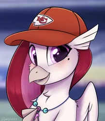 Size: 764x882 | Tagged: safe, artist:sonigiraldo, derpibooru import, oc, oc:velvet skies, unofficial characters only, classical hippogriff, hippogriff, adoraskies, baseball cap, bust, cap, cute, female, hat, hippogriff oc, image, jpeg, kansas city chiefs, portrait, solo, weapons-grade cute
