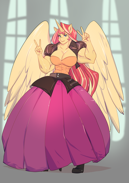 Size: 990x1402 | Tagged: suggestive, artist:bakki, derpibooru import, sunset shimmer, alicorn, anthro, alicornified, breasts, busty sunset shimmer, cleavage, clothes, commission, double peace sign, dress, equestria girls outfit, female, image, muscles, peace sign, png, princess, race swap, shimmercorn, solo, solo female, sunset lifter