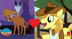 Size: 1272x692 | Tagged: safe, derpibooru import, edit, edited screencap, screencap, braeburn, little strongheart, buffalo, earth pony, pony, over a barrel, braeheart, clothes, female, image, male, night, png, shipping, shipping domino, stallion, straight, tipi