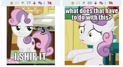 Size: 989x538 | Tagged: safe, derpibooru import, edit, edited screencap, screencap, sweetie belle, pony, unicorn, derpibooru, the fault in our cutie marks, caption, confused, cropped, cutie mark, female, filly, i ship it, image, image macro, le lenny face, meme, meta, png, ponymemes, reaction image, smug, solo, text, the cmc's cutie marks