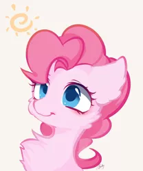 Size: 1080x1296 | Tagged: safe, artist:di youyou, artist:狄优优, banned from derpibooru, deleted from derpibooru, derpibooru import, pinkie pie, earth pony, pony, blushing, bust, cheek fluff, chest fluff, cute, diapinkes, ear fluff, female, fluffy, image, mare, pixiv, png, portrait, signature, simple background, solo, sun, tan background