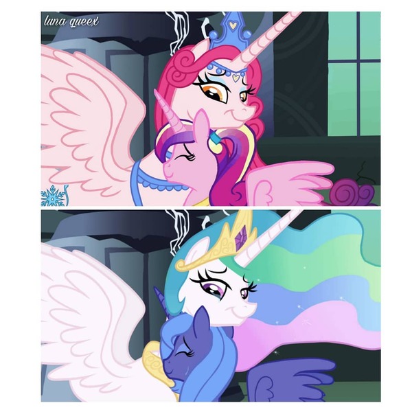 Size: 1080x1080 | Tagged: safe, artist:luna.queex, derpibooru import, edit, edited screencap, screencap, princess amore, princess cadance, princess celestia, princess luna, alicorn, pony, friendship is magic, alicornified, amorecorn, comparison, eyes closed, female, horn, image, indoors, jewelry, jpeg, mare, peytral, race swap, s1 luna, tiara, wings