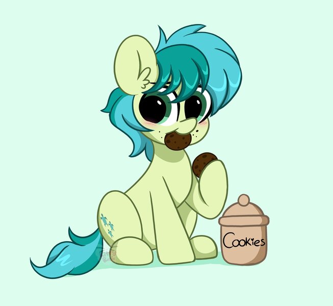 Size: 4096x3762 | Tagged: safe, artist:kittyrosie, derpibooru import, sandbar, earth pony, pony, cookie, cookie jar, cute, digital art, eating, food, green background, herbivore, high res, hoof hold, image, jpeg, male, sandabetes, simple background, sitting, solo, tail