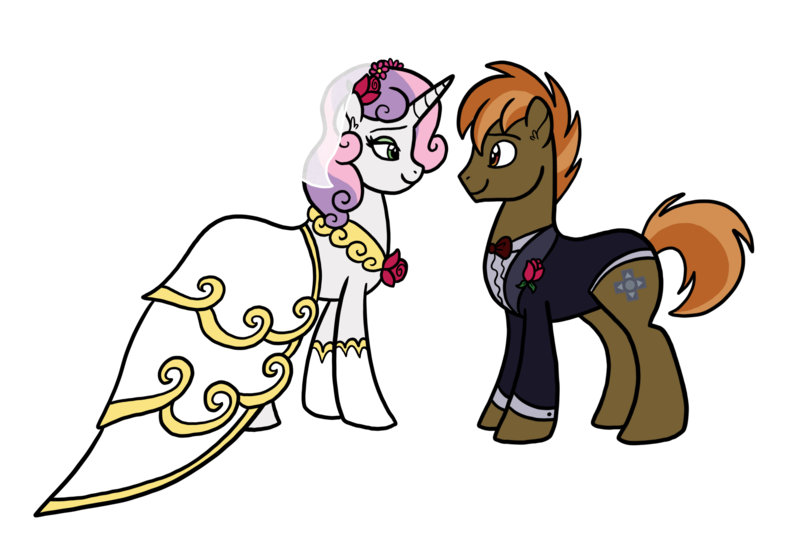 Size: 2707x1887 | Tagged: safe, artist:melspyrose, derpibooru import, button mash, sweetie belle, earth pony, pony, unicorn, bride, clothes, couple, dress, female, flower, groom, image, looking at each other, male, mare, marriage, older, older button mash, older sweetie belle, png, rose, shipping, simple background, stallion, straight, sweetiemash, transparent background, wedding, wedding dress, wedding suit, wedding veil