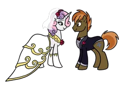 Size: 2707x1887 | Tagged: safe, artist:melspyrose, derpibooru import, button mash, sweetie belle, earth pony, pony, unicorn, bride, clothes, couple, dress, female, flower, groom, image, looking at each other, male, mare, marriage, older, older button mash, older sweetie belle, png, rose, shipping, simple background, stallion, straight, sweetiemash, transparent background, wedding, wedding dress, wedding suit, wedding veil