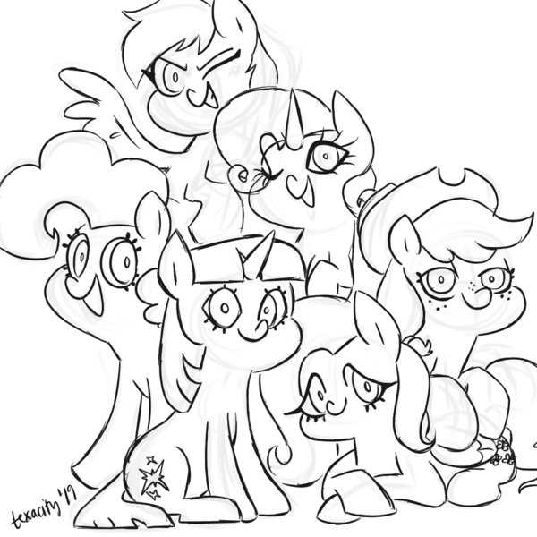 Size: 1024x1024 | Tagged: safe, artist:texacity, derpibooru import, applejack, fluttershy, pinkie pie, rainbow dash, rarity, twilight sparkle, twilight sparkle (alicorn), alicorn, earth pony, pegasus, pony, unicorn, 2019, black and white, cowboy hat, female, grayscale, hat, image, looking at you, lying down, mane six, mare, monochrome, one eye closed, png, simple background, sketch, unicorn twilight, white background, wink