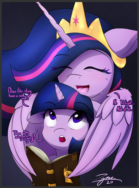 Size: 1371x1858 | Tagged: safe, artist:zyncrus, derpibooru import, princess twilight 2.0, twilight sparkle, twilight sparkle (alicorn), alicorn, pony, unicorn, the last problem, book, book of harmony, crying, cuddling, cute, dialogue, duality, floppy ears, happy birthday mlp:fim, image, mlp fim's tenth anniversary, older, older twilight, png, self ponidox, simple background, solo, tears of joy, text, time paradox, twiabetes, unicorn twilight