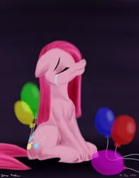 Size: 1100x1400 | Tagged: safe, artist:rockhoppr3, derpibooru import, pinkie pie, earth pony, pony, balloon, crying, eyes closed, floppy ears, image, pinkamena diane pie, png, sad, solo, unshorn fetlocks