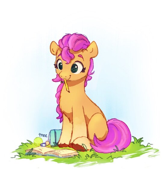 Size: 1067x1189 | Tagged: safe, artist:thefloatingtree, derpibooru import, sunny starscout, earth pony, pony, female, g5, grass, image, jpeg, mouth hold, pencil, shoulder bag, sitting, smiling, solo, tennis ball