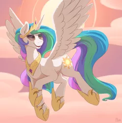 Size: 2485x2500 | Tagged: safe, artist:ailoy4, banned from derpibooru, deleted from derpibooru, derpibooru import, princess celestia, alicorn, pony, cloud, ear fluff, female, flying, high res, hoof shoes, image, jewelry, mare, open mouth, peytral, png, regalia, smiling, solo, spread wings, sun, sunglasses, wings