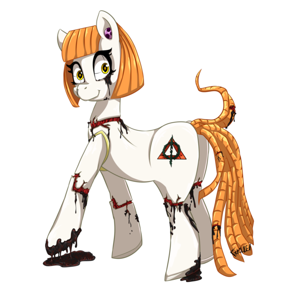 Size: 1920x1920 | Tagged: semi-grimdark, artist:ghouleh, derpibooru import, oc, oc:polly, oc:polymer, unofficial characters only, cyber pony, cyborg, earth pony, pony, robot, robot pony, bleeding, blood, corrupted, crying, female, flesh, halloween, holiday, image, magic the gathering, mare, oil, phyrexia, phyrexian, png, puddle, robutt, simple background, smiling, spooky, tentacle tail, tentacles, transparent background