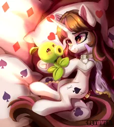 Size: 3600x4000 | Tagged: safe, artist:twinkling, derpibooru import, oc, unofficial characters only, pony, unicorn, bed, blushing, collar, cute, cutie mark, eyebrows, eyelashes, heart eyes, horn, image, peashooter, plant, plants vs zombies, png, text, watermark, wingding eyes