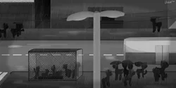 Size: 5000x2500 | Tagged: safe, artist:uteuk, derpibooru import, earth pony, pony, unicorn, barbed wire, black and white, bus, bus stop, grayscale, image, monochrome, png, rain, road, umbrella