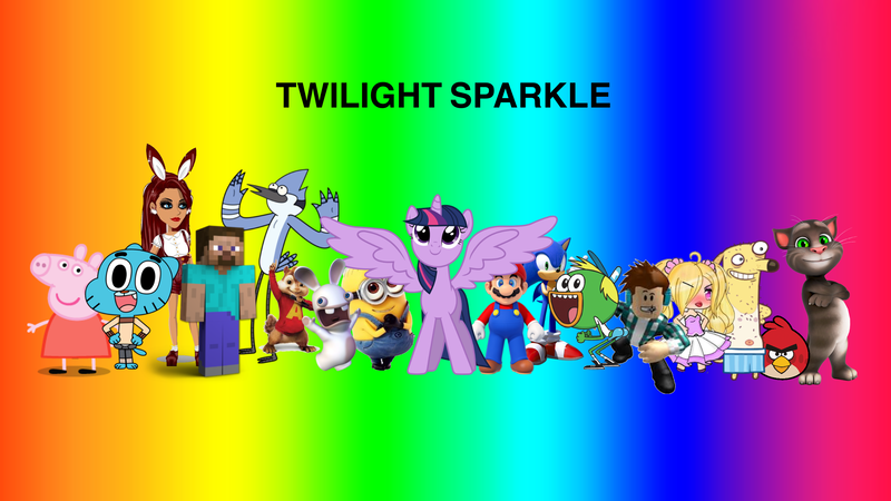 Size: 2560x1440 | Tagged: safe, derpibooru import, twilight sparkle, alicorn, 1000 hours in ms paint, almost naked animals, alvin and the chipmunks, angry birds, angry birds red, breadwinners, crossover, despicable me, gacha club, gacha life, gacha studio, gachaverse, gumball watterson, image, mario, minecraft, minion, minions, mordecai, moviestarplanet, peppa pig, png, rabbid, rabbids, rabbids invasion, rainbow, rainbow background, regular show, roblox, sonic the hedgehog, sonic the hedgehog (series), steve, super mario bros., swaysway, talking tom, talking tom and friends, the amazing world of gumball, twilight sparkle (alicorn), wat