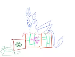 Size: 1280x960 | Tagged: safe, artist:horsesplease, derpibooru import, gallus, gryphon, christmas, derp, doodle, gallus the rooster, green tea, holiday, image, jpeg, present, red cup, solo, starbucks