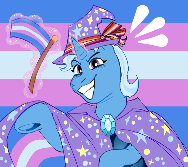 Size: 640x571 | Tagged: safe, artist:zaturn7z, derpibooru import, trixie, pony, unicorn, cape, clothes, glowing horn, grin, hat, horn, image, lesbian pride flag, levitation, magic, png, pride, pride flag, raised hoof, smiling, solo, telekinesis, trans female, trans trixie, transgender, transgender pride flag, trixie's cape, trixie's hat