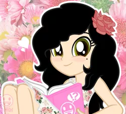 Size: 727x654 | Tagged: safe, artist:amgiwolf, derpibooru import, oc, oc:amgi, unofficial characters only, equestria girls, beauty mark, blushing, clothes, cute, equestria girls-ified, exclamation point, eyelashes, female, flower, flower in hair, image, interrobang, ocbetes, png, question mark, smiling, two toned eyes