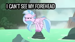 Size: 1920x1080 | Tagged: safe, derpibooru import, edit, edited screencap, screencap, silverstream, what lies beneath, i can't see my forehead, image, patty hype, png, spongebob reference, spongebob squarepants, unamused