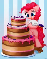 Size: 1500x1868 | Tagged: safe, artist:vensual99, derpibooru import, pinkie pie, earth pony, pony, bipedal, blueberry, cake, cute, diapinkes, ear fluff, female, food, frosting, hoof hold, icing bag, image, jpeg, mare, solo, stool, tongue out