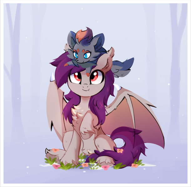 Size: 1364x1339 | Tagged: safe, artist:aureai, derpibooru import, oc, oc:coldfire (bat pony), bat pony, pony, zorua, bat pony oc, bat wings, chest fluff, cloven hooves, ear fluff, flower, fluffy, grass, happy, image, leg fluff, looking up, male, png, pokémon, sitting, smiling, snow, spread wings, stallion, tree, wing fluff, wings