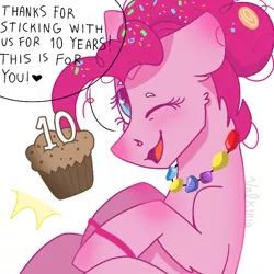 Size: 768x768 | Tagged: safe, artist:valkiria, derpibooru import, pinkie pie, earth pony, pony, the last problem, 10, accessory, cute, derpibooru exclusive, diapinkes, female, floppy ears, food, gem, happy birthday mlp:fim, heart, image, looking at you, mare, mlp fim's tenth anniversary, muffin, older, older pinkie pie, one eye closed, open mouth, png, sidemouth, smiling at you, solo, speech bubble, talking, talking to viewer