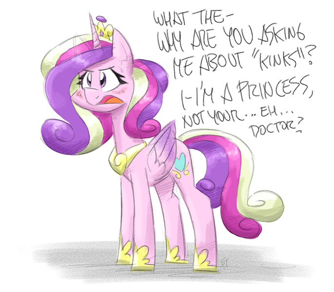 Size: 1959x1716 | Tagged: safe, artist:flutterthrash, derpibooru import, princess cadance, alicorn, pony, blatant lies, blushing, denial, dialogue, female, frown, glare, image, mare, offscreen character, open mouth, png, princess cadance is always horny, simple background, solo, white background