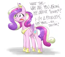 Size: 1959x1716 | Tagged: safe, artist:flutterthrash, derpibooru import, princess cadance, alicorn, pony, blatant lies, blushing, denial, dialogue, female, frown, glare, image, mare, offscreen character, open mouth, png, princess cadance is always horny, simple background, solo, white background