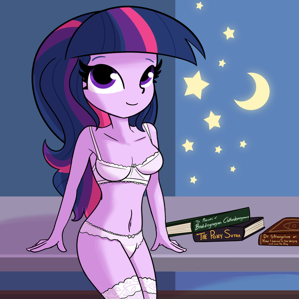 Size: 3000x3000 | Tagged: suggestive, artist:tjpones, derpibooru import, sci-twi, twilight sparkle, equestria girls, belly button, book, bra, breasts, busty twilight sparkle, clothes, female, frilly underwear, image, lingerie, looking at you, loose hair, missing accessory, no glasses, panties, png, ponysutra, ribbon, socks, solo, solo female, stockings, thigh highs, underwear, white underwear