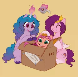 Size: 2210x2169 | Tagged: safe, artist:orchidpony, derpibooru import, izzy moonbow, pipp petals, sunny starscout, earth pony, pegasus, pony, unicorn, box, cardboard box, female, g5, high res, image, implied lauren faust, jpeg, magic, mare, open mouth, pony in a box, simple background, sitting, smiling, tape, telekinesis, unshorn fetlocks, wings, yellow background