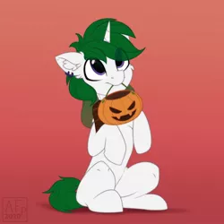 Size: 1280x1280 | Tagged: safe, artist:airfly-pony, derpibooru import, oc, oc:zenith night, unofficial characters only, pony, unicorn, begging, candy, commission, cute, ear piercing, earring, food, halloween, happy, holiday, horn, image, jewelry, jpeg, male, mouth hold, piercing, pumpkin bucket, sitting, stallion, unicorn oc, ych result