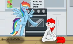 Size: 5030x3030 | Tagged: suggestive, artist:lynnthenerdkitty, derpibooru import, rainbow dash, oc, oc:mary, pegasus, pony, adult foal, angry, blushing, crying, diaper, diaper fetish, eyes closed, female, fetish, filly, floppy ears, image, laughing, mocking, non-baby in diaper, png, puffy cheeks, request, requested art, tears of laughter, teary eyes