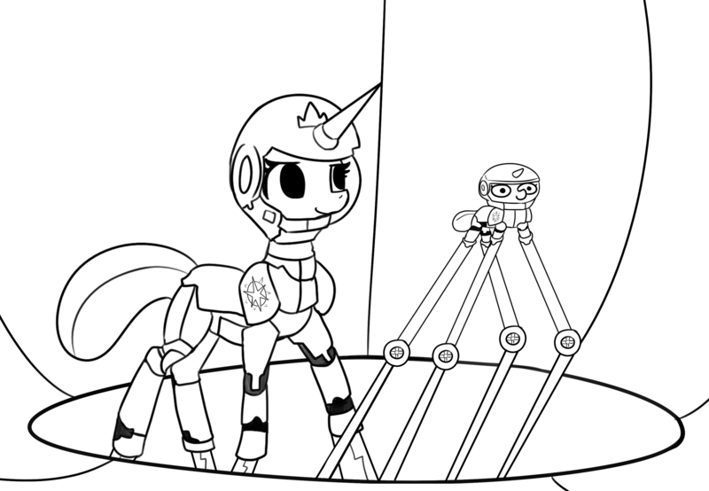 Size: 2597x1800 | Tagged: safe, artist:tjpones, derpibooru import, princess celestia, twilight sparkle, alicorn, pony, unicorn, black and white, duo, female, filly, filly twilight sparkle, grayscale, helmet, image, lineart, mare, monochrome, pacific rim, png, smol, stilts, twiggie, unicorn twilight, younger