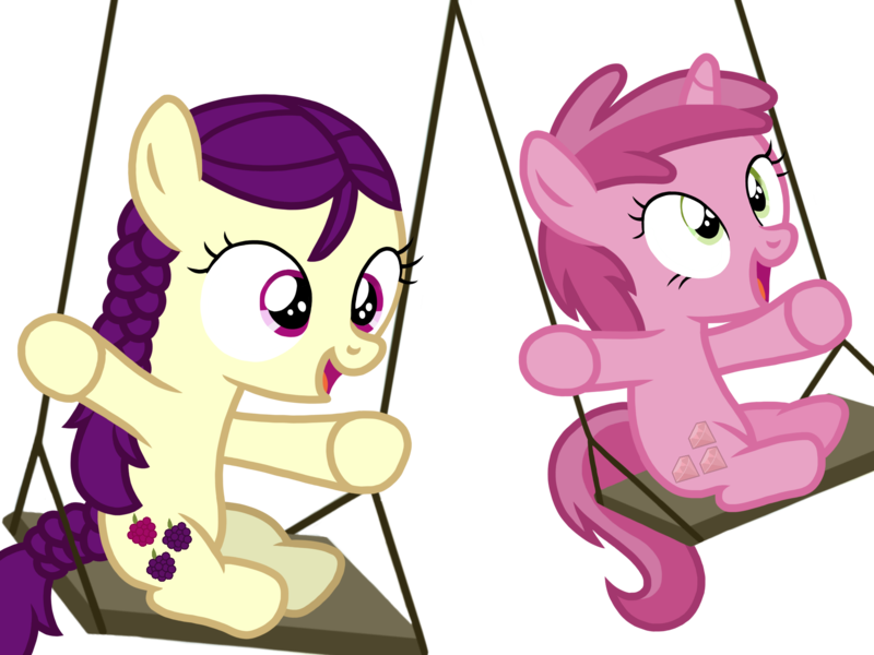 Size: 2048x1536 | Tagged: safe, artist:superiorwarrior, derpibooru import, boysenberry, ruby pinch, earth pony, pony, unicorn, excited, female, filly, happy, image, png, simple background, swing, swing set, swinging, transparent background, triple berry, vector