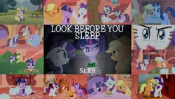 Size: 1934x1089 | Tagged: safe, derpibooru import, edit, edited screencap, editor:quoterific, screencap, applejack, rarity, twilight sparkle, look before you sleep, book, golden oaks library, hair curlers, image, it is on, library, mud, mud mask, pillow, pillow fight, png, rain, tree
