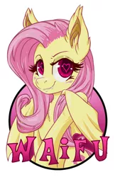 Size: 825x1275 | Tagged: safe, artist:hobbes-maxwell, derpibooru import, fluttershy, bat pony, pony, badge, bat ponified, blushing, fangs, female, flutterbat, heart eyes, image, jpeg, race swap, simple background, smiling, solo, waifu, waifu badge, white background, wingding eyes