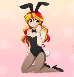 Size: 3950x4096 | Tagged: suggestive, artist:kittyrosie, derpibooru import, sunset shimmer, human, equestria girls, adorasexy, bare shoulders, blushing, bowtie, breasts, bunny suit, busty sunset shimmer, cleavage, clothes, cuffs (clothes), cute, gradient background, high heels, human coloration, image, jpeg, kneeling, leotard, looking at you, pantyhose, playboy bunny, sexy, shimmerbetes, shoes, simple background, sleeveless, strapless, tail