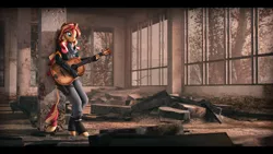 Size: 9600x5400 | Tagged: safe, artist:imafutureguitarhero, derpibooru import, sunset shimmer, anthro, pony, unguligrade anthro, unicorn, 3d, absurd file size, absurd resolution, acoustic guitar, black bars, boots, cargo pants, chernobyl, chromatic aberration, clothes, colored eyebrows, colored eyelashes, dead tree, dust, ear freckles, female, film grain, fingerless gloves, fog, freckles, gloves, guitar, holding, holster, hoof boots, hoof freckles, hoof shoes, horn, image, indoors, jacket, jpeg, leaning, leaning back, leather gloves, leather jacket, leonine tail, letterboxing, long hair, long mane, mare, multicolored hair, multicolored mane, multicolored tail, musical instrument, pants, peppered bacon, pillar, pripyat, revamped anthros, revamped ponies, rubble, ruins, scarf, sfm pony, shoes, signature, solo, source filmmaker, strap, tree, wall of tags, wallpaper, window