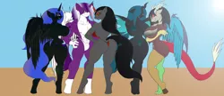 Size: 1600x692 | Tagged: suggestive, artist:gh0stzr01, derpibooru import, discord, king sombra, nightmare moon, queen chrysalis, oc, alicorn, anthro, changeling, changeling queen, draconequus, unguligrade anthro, unicorn, abs, alicorn oc, ass, beach, belly button, biceps, big breasts, bikini, breasts, busty eris, busty nightmare moon, busty queen chrysalis, busty queen umbra, butt, canon x oc, clothes, cutie mark, digital art, eris, female, group, hand on hip, horn, image, jpeg, looking at you, looking back, looking back at you, lucky bastard, male, male nipples, muscles, nightmare moonbutt, nipples, nudity, one eye closed, pecs, queen umbra, rear view, reversalis, rule 63, side view, sideboob, simple background, sky, sling bikini, smiling, speedo, spread wings, straight, sun, swimsuit, thighs, wide hips, wings