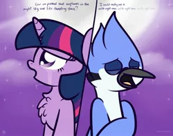Size: 3250x2560 | Tagged: safe, artist:kimjoman, derpibooru import, twilight sparkle, bird, blue jay, pony, unicorn, aeroplanes and meteor showers, airplanes (song), chest fluff, crossover, crossover shipping, crying, eyes closed, female, image, jpeg, male, meme, moon, mordecai, mordetwi, open mouth, redraw mordetwi meme, regular show, sad, shipping, stars, straight, unicorn twilight