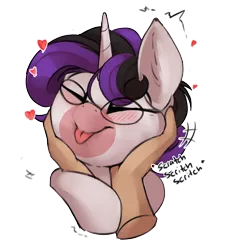 Size: 2226x2457 | Tagged: safe, artist:beardie, derpibooru import, oc, oc:vynarity, pony, unicorn, beardies scritching ponies, commission, glasses, image, mucca, petting, png, simple background, tongue out, transparent background, ych result