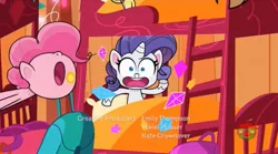 Size: 1673x933 | Tagged: safe, derpibooru import, screencap, pinkie pie, rarity, pony, my little pony: pony life, bed, bunk bed, credits, gem, image, jpeg, nose in the air, sportacular spectacular musical musak-ular, vomiting gems