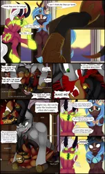 Size: 2976x4906 | Tagged: suggestive, artist:ze-dusty, derpibooru import, oc, oc:iratus arcana, oc:urara night, oc:whirlwind dust, oc:zerphie, bat pony, kirin, succubus, unicorn, comic:negotiations, angry, argument, bat pony oc, bat wings, black sclera, body markings, clothes, comic, crossed legs, dialogue, explicit source, gag, image, imminent sex, png, shocked expression, socks, tail, thigh highs, whiratus, wings