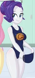Size: 852x1857 | Tagged: suggestive, artist:rapps, derpibooru import, fluttershy, rarity, equestria girls, breasts, busty rarity, canterlot high competition swimsuit, clothes, competition swimsuit, cropped, explicit source, female, hair bun, hat, high school swimsuit, image, legs together, locker, one-piece swimsuit, png, school swimsuit, sideass, solo, solo female, swimming cap, swimsuit, wondercolts swimsuit